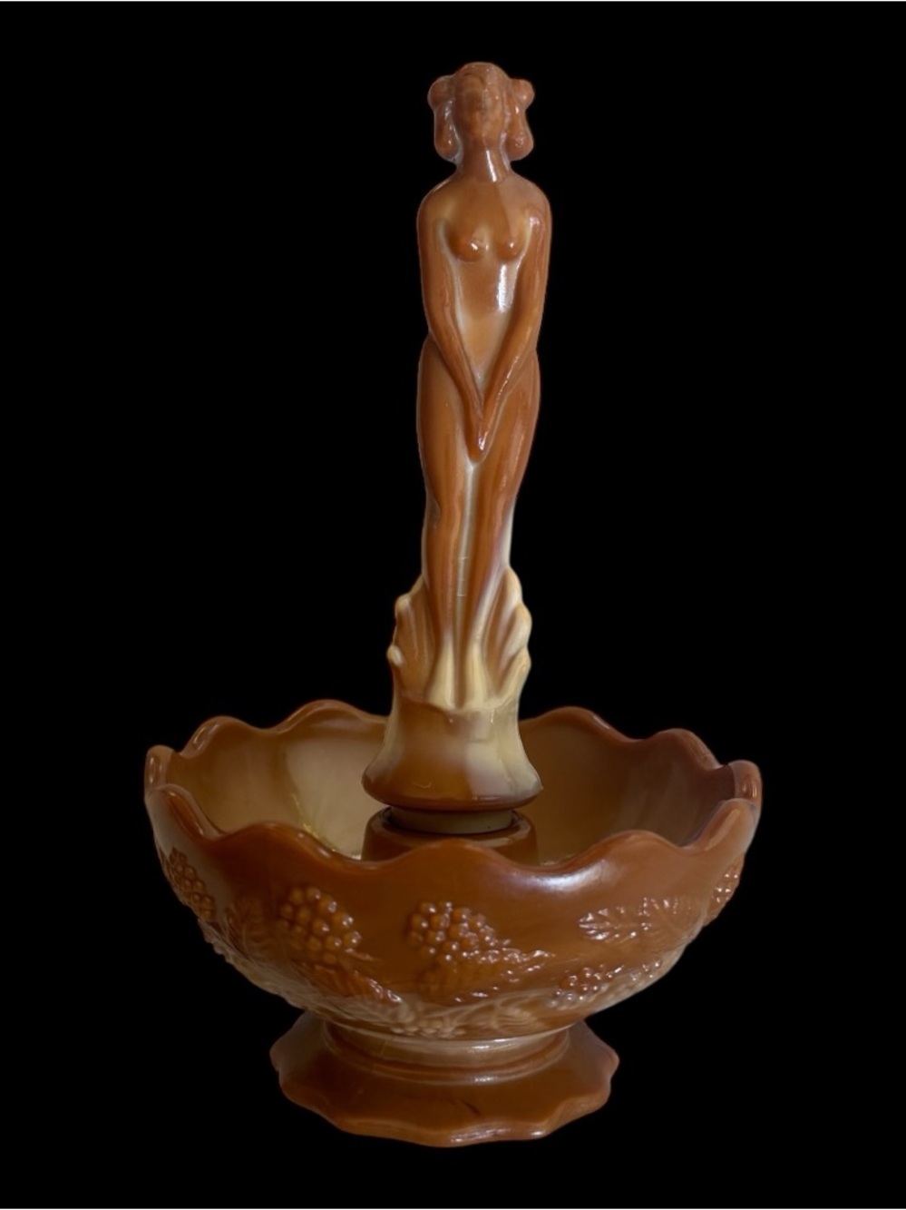 Fenton caramel chocolate slag glass Nude Lady Nymph bowl with grape motif. 2005